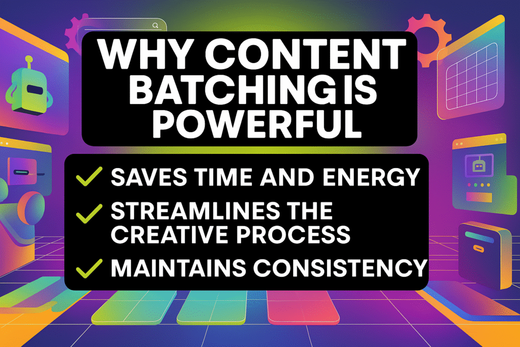 A colorful graphic with a futuristic design, featuring the text "WHY CONTENT BATCHING IS POWERFUL" in bold white letters. Below, a black box lists benefits: "Saves Time and Energy," "Streamlines the Creative Process," and "Maintains Consistency," each marked with a green checkmark. The background includes digital elements like gears, a robot, and abstract screens.