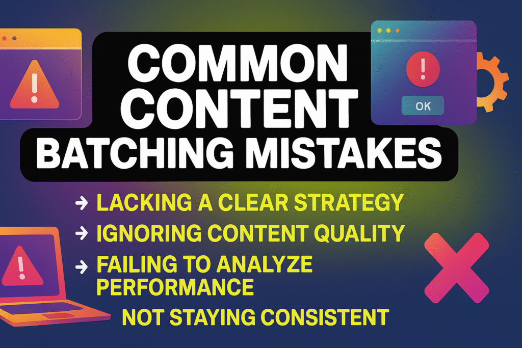 A futuristic graphic with the text "COMMON CONTENT BATCHING MISTAKES" in bold white letters, listing errors in yellow: "Lacking a Clear Strategy," "Ignoring Content Quality," "Failing to Analyze Performance," and "Not Staying Consistent." The design includes warning signs, a laptop, gears, and a digital interface.