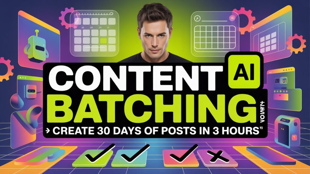 A vibrant graphic featuring a man in the center, surrounded by colorful digital elements like calendars, gears, and a robot, with the text "CONTENT BATCHING" in bold yellow and white letters. The phrase "Create 30 Days of Posts in 3 Hours" is displayed below, along with checkmarks and an "X" symbol.