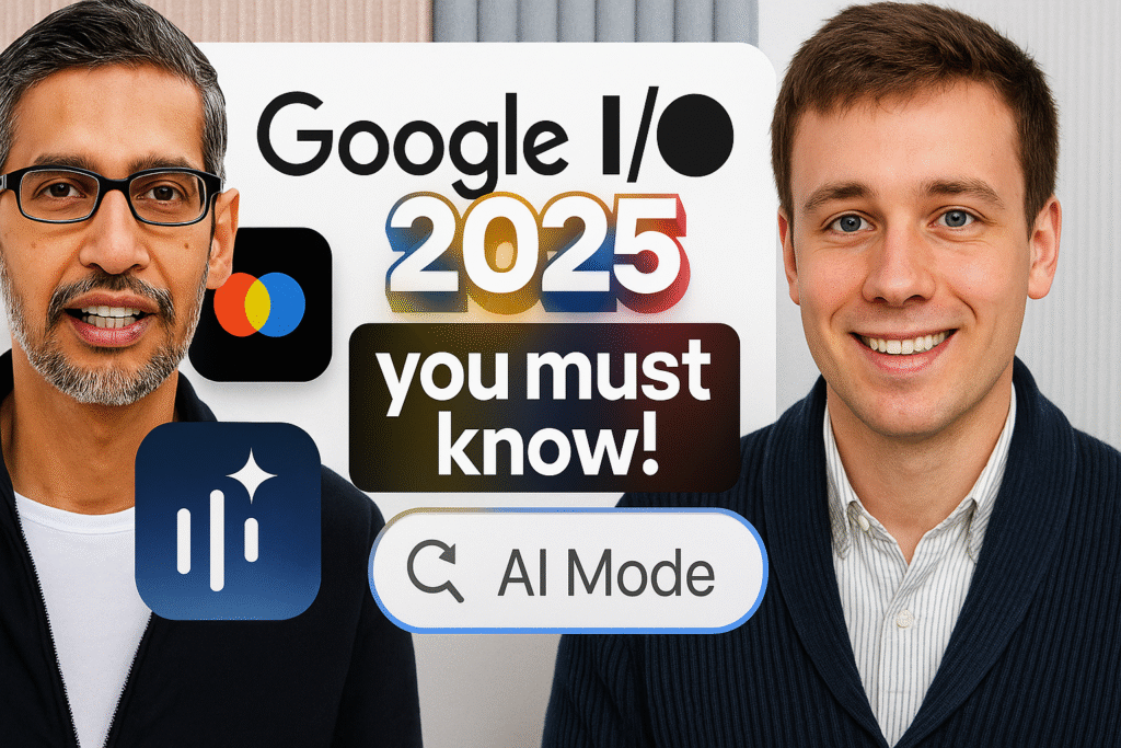 A promotional poster for Google I/O 2025 showing the event logo, wording "YOU MUST KNOW!" and icons for Google Pay and AI Studio, with a "AI Mode" button.