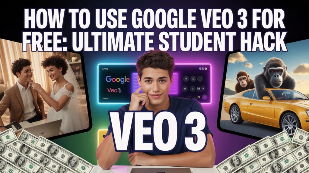 A image featuring Veo 3 with a young man at a desk, surrounded by money, a laptop, and split screens showing a wedding scene, a tablet with Veo 3 interface, and a car with monkeys.