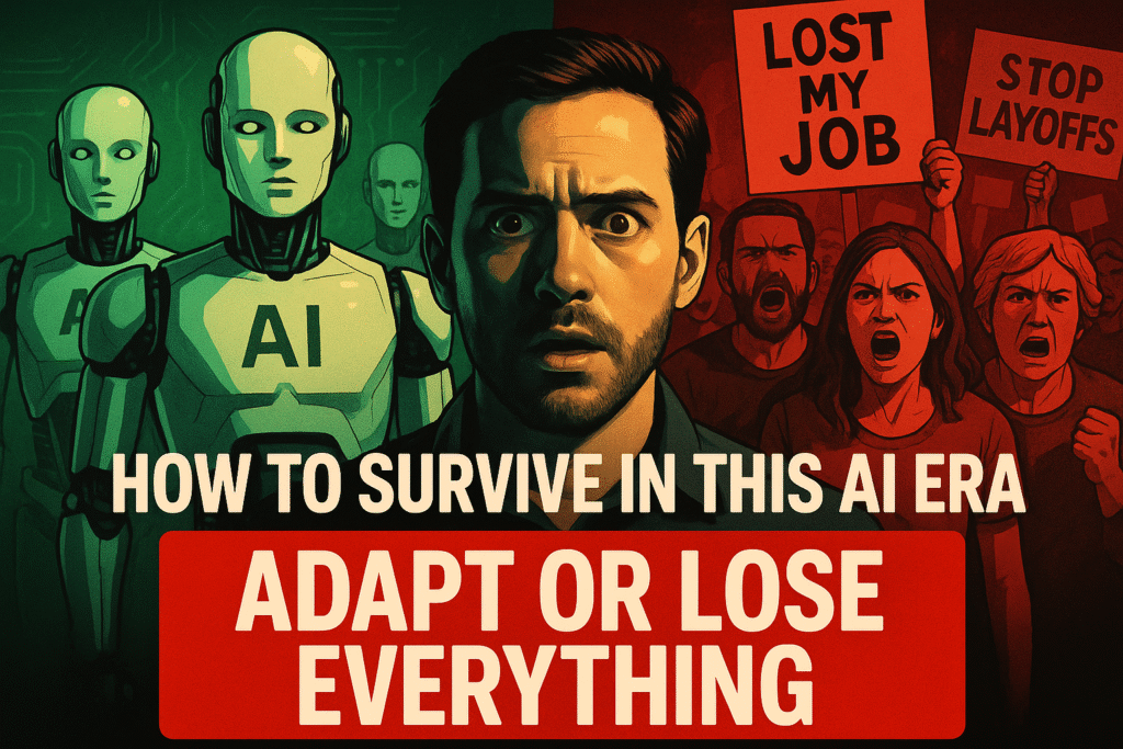 Illustration depicting the AI era's impact: robotic figures labeled "AI" on the left, a worried man in the center, and a crowd holding protest signs reading "Lost My Job" and "Stop Layoffs" on the right. Bold text at the bottom reads, "How to Survive in This AI Era: Adapt or Lose Everything."