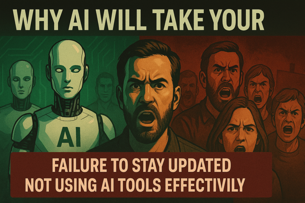 Illustration highlighting the AI era's challenges: robotic figures labeled "AI" on the left, a distressed man in the center, and an angry crowd on the right. Text at the top reads, "Why AI Will Take Your Job," and at the bottom, "Failure to Stay Updated: Not Using AI Tools Effectively."