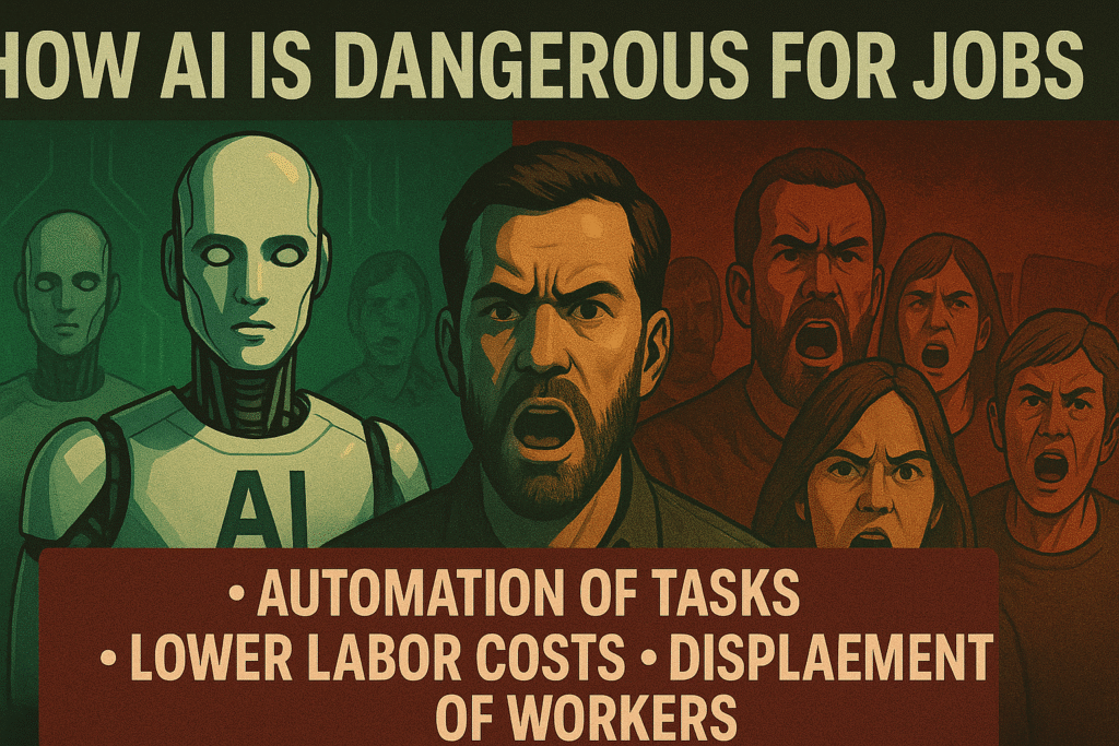 Illustration showing the AI era's threat to jobs: robotic figures labeled "AI" on the left, a distressed man in the center, and an angry crowd on the right. Text at the top reads, "How AI Is Dangerous for Jobs," and at the bottom, "Automation of Tasks • Lower Labor Costs • Displacement of Workers."