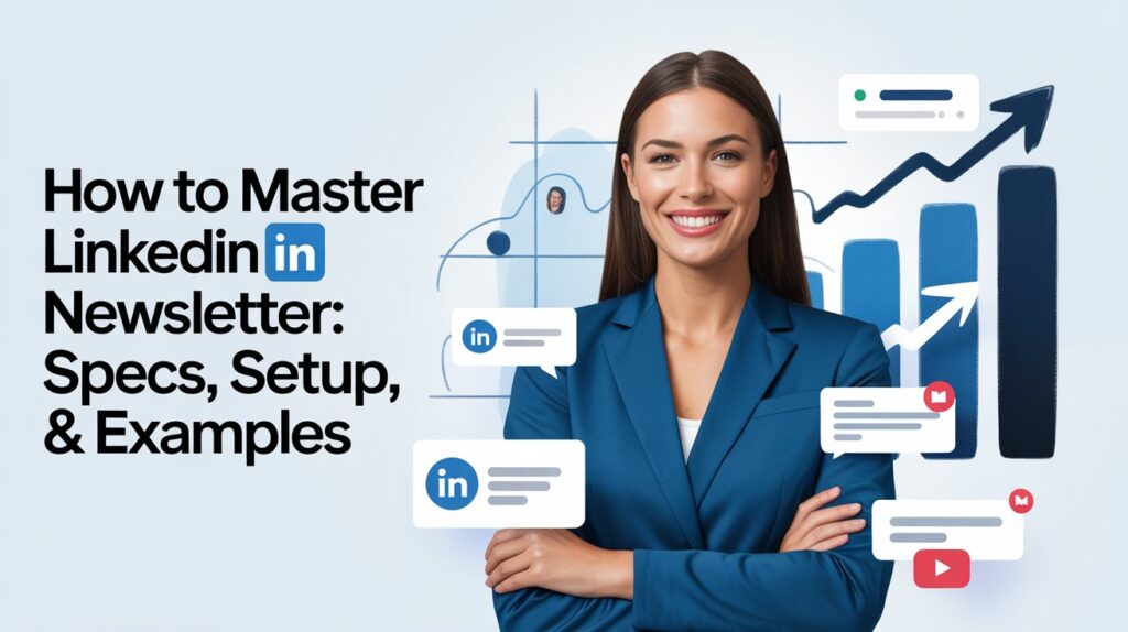A confident professional in a blue suit standing with arms crossed, surrounded by LinkedIn Newsletter graphics including charts, speech bubbles with the LinkedIn logo, and upward arrows, with the text "How to Master LinkedIn Newsletter: Specs, Setup, & Examples."