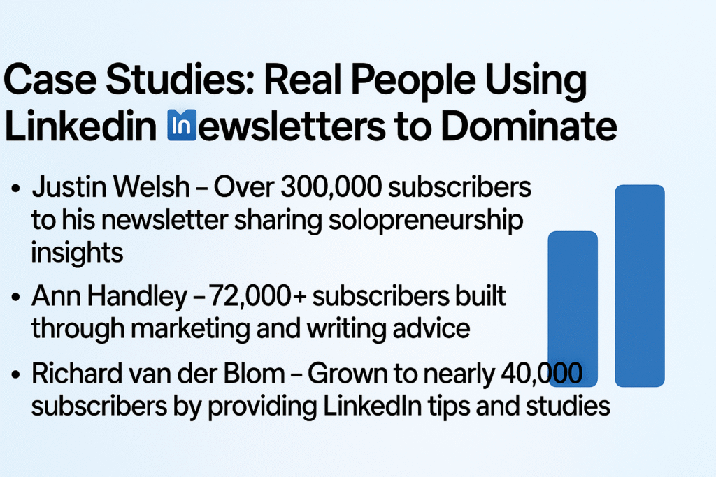 An infographic showcasing case studies of real people using LinkedIn Newsletter to dominate, featuring subscriber numbers for Justin Welsh (over 300,000), Ann Handley (72,000+), and Richard van der Blom (nearly 40,000), with a bar chart illustration.