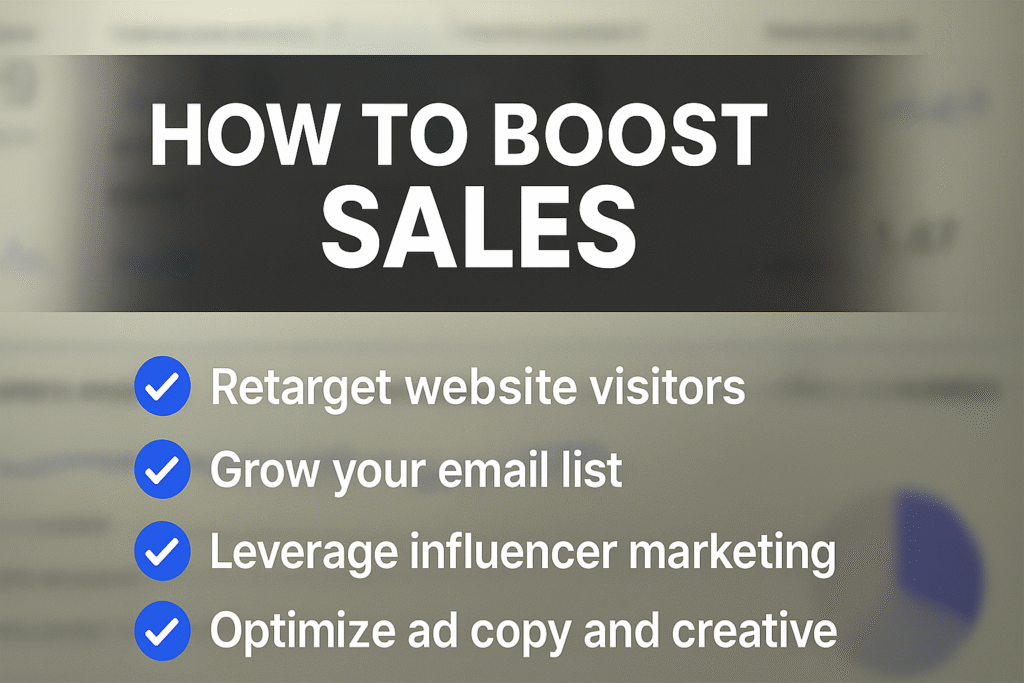 Checklist graphic for boosting sales with Meta Ads update 2025, featuring four strategies: retarget website visitors, grow your email list, leverage influencer marketing, and optimize ad copy and creative, on a blurred background.