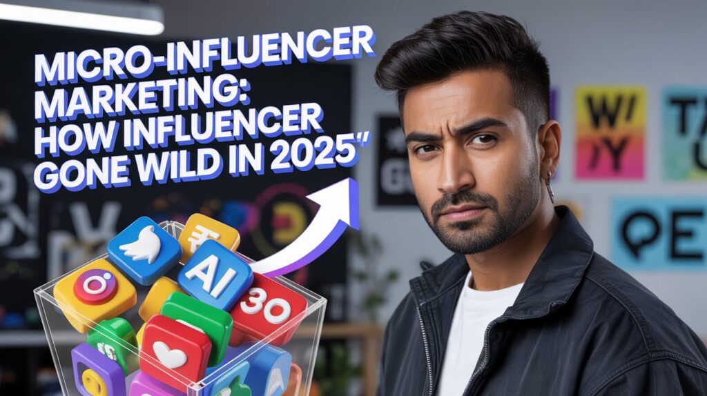 A person in a black jacket stands beside a colorful graphic of social media icons and a rising arrow, with text reading Micro-influencer marketing: How influencer gone wild in 2025 on a vibrant background.
