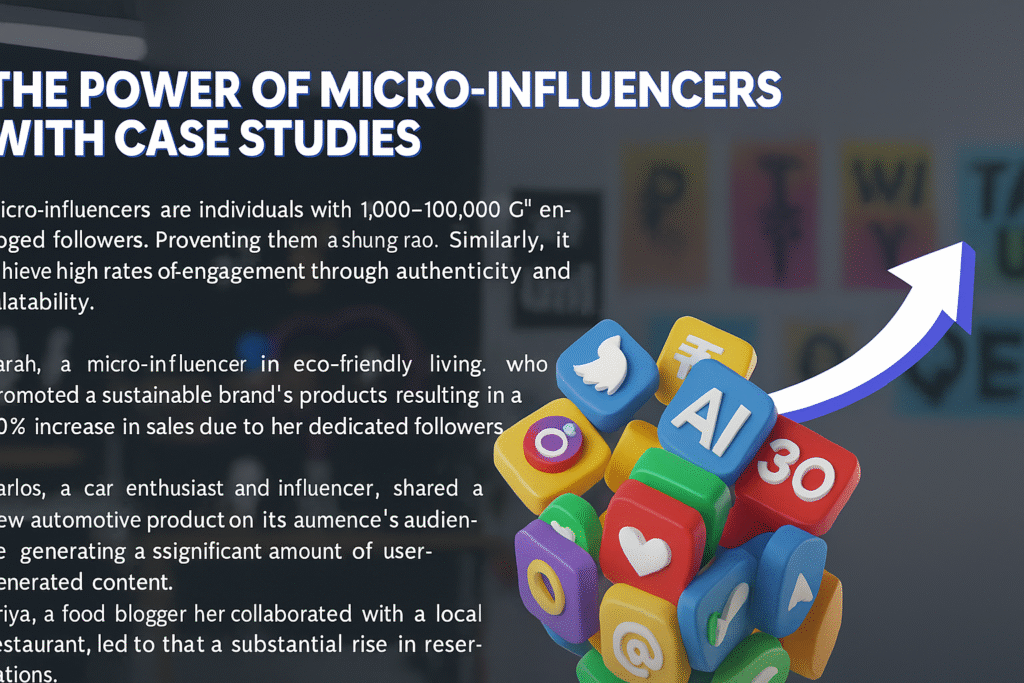 A graphic showcasing micro-influencer marketing case studies with text explaining their impact, accompanied by colorful social media icons and a rising arrow on a modern background.