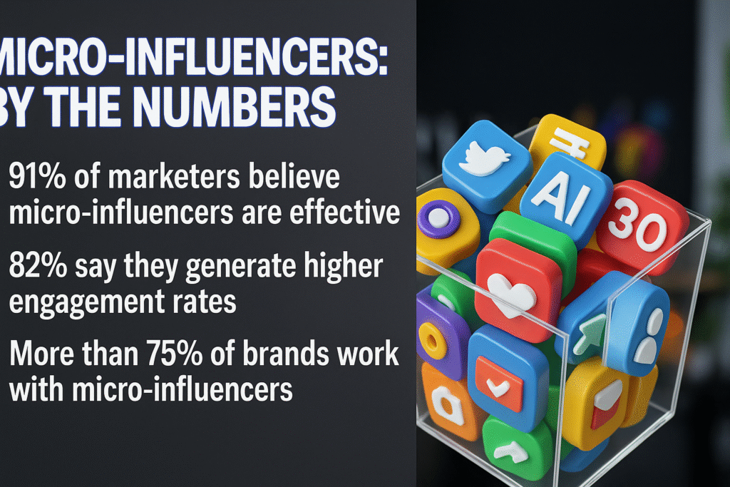 A graphic on micro-influencer marketing statistics, showing 91% of marketers find them effective, 82% note higher engagement rates, and over 75% of brands collaborate with them, alongside colorful social media icons in a transparent box on a dark background.