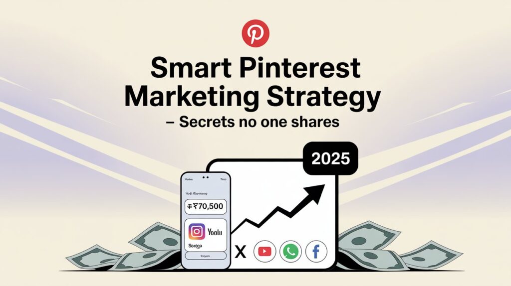 Illustration of a Pinterest Marketing strategy for 2025, featuring a smartphone displaying social media earnings of ¥70,500, surrounded by icons of Instagram, YouTube, X, WhatsApp, and Facebook, with scattered yen notes and an upward arrow indicating growth.