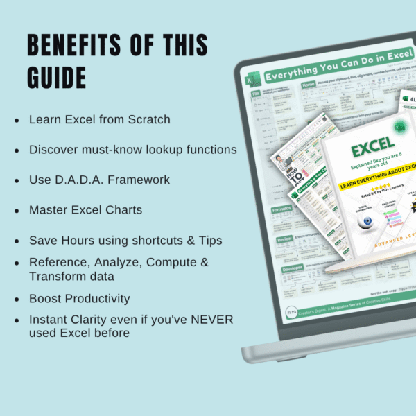 Benefits of the Excel Guide shown on a laptop with features like charts, shortcuts, and frameworks