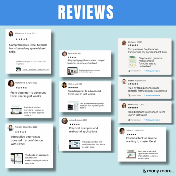 User reviews praising the Excel Guide for transforming spreadsheet skills and Excel learning