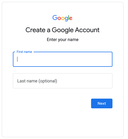 A Google account creation page featuring Veo 3 integration, displaying a form with fields for first name and last name (optional), and a Next button.