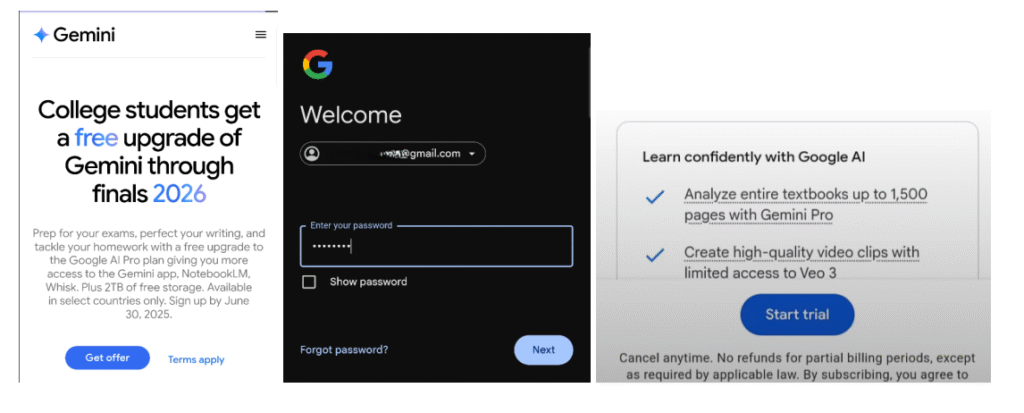 A collage featuring Veo 3 integration, including a Gemini app offer for college students with a free upgrade through finals 2026, a Google login screen, and a trial interface highlighting Veo 3 video clip creation.