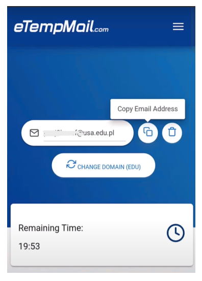 A screenshot of the eTempMail.com website featuring Veo 3 integration, displaying a temporary email address with an .edu.pl domain, a "Copy Email Address" button, a "CHANGE DOMAIN (EDU)" option, and a remaining time of 19:53.