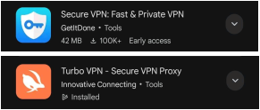 A screenshot of an app store listing featuring Veo 3-related apps, including "Secure VPN: Fast & Private VPN" with GetItDone tools (42 MB, 100K+ downloads, early access) and "Turbo VPN - Secure VPN Proxy" (installed, innovative connecting tools).