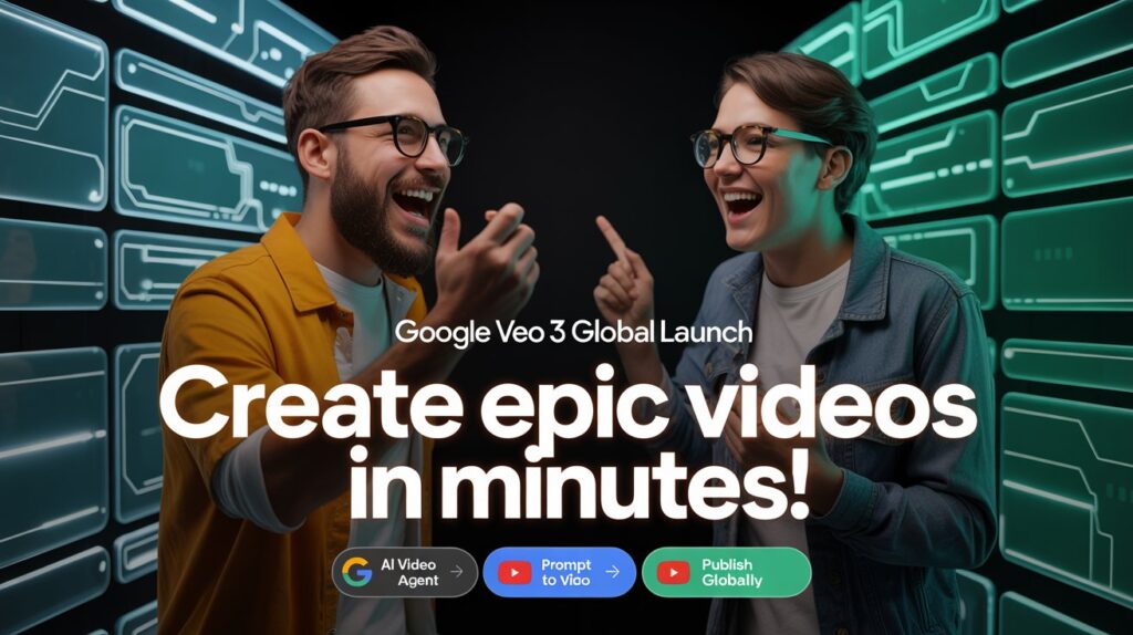 A image for the Google Veo 3 Global Launch, showing two excited individuals with glasses standing in front of a futuristic server background, with text highlighting the ability to create epic videos in minutes and buttons for AI Video Agent, Prompt to Veo, and Publish Globally.