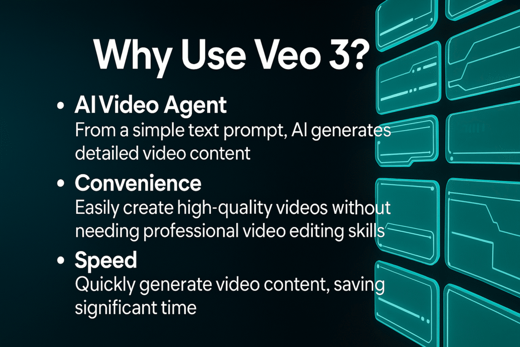 An informational graphic for the Google Veo 3 Global Launch, featuring a dark background with a futuristic server design, highlighting benefits like AI Video Agent for generating detailed video content, convenience for creating high-quality videos without editing skills, and speed for quick video production.