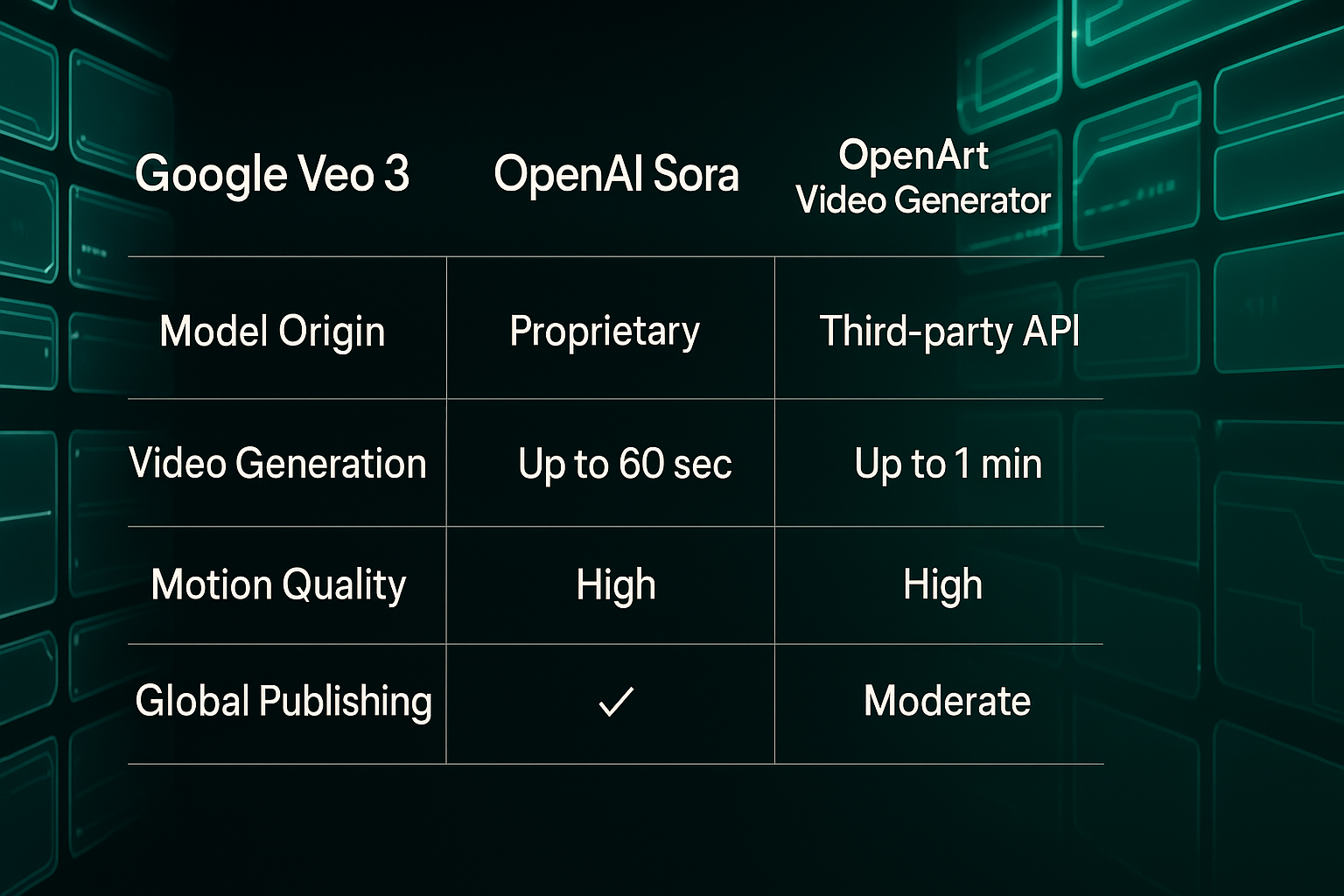 A comparison chart for the Google Veo 3 Global Launch, OpenAI Sora, and OpenArt Video Generator, set against a futuristic server background, detailing model origin, video generation length, motion quality, and global publishing capabilities.