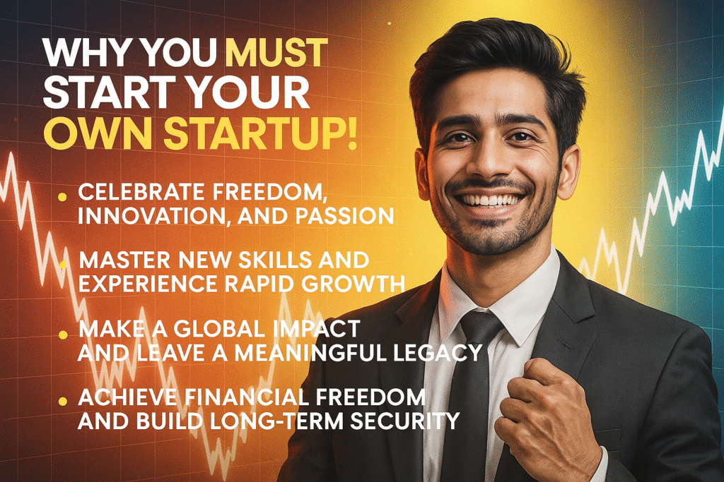 Image of a confident man in a suit with a raised fist, smiling against a gradient background with financial charts, and text "Why You Must Start Your Own Startup!" listing benefits like freedom, innovation, and financial security.