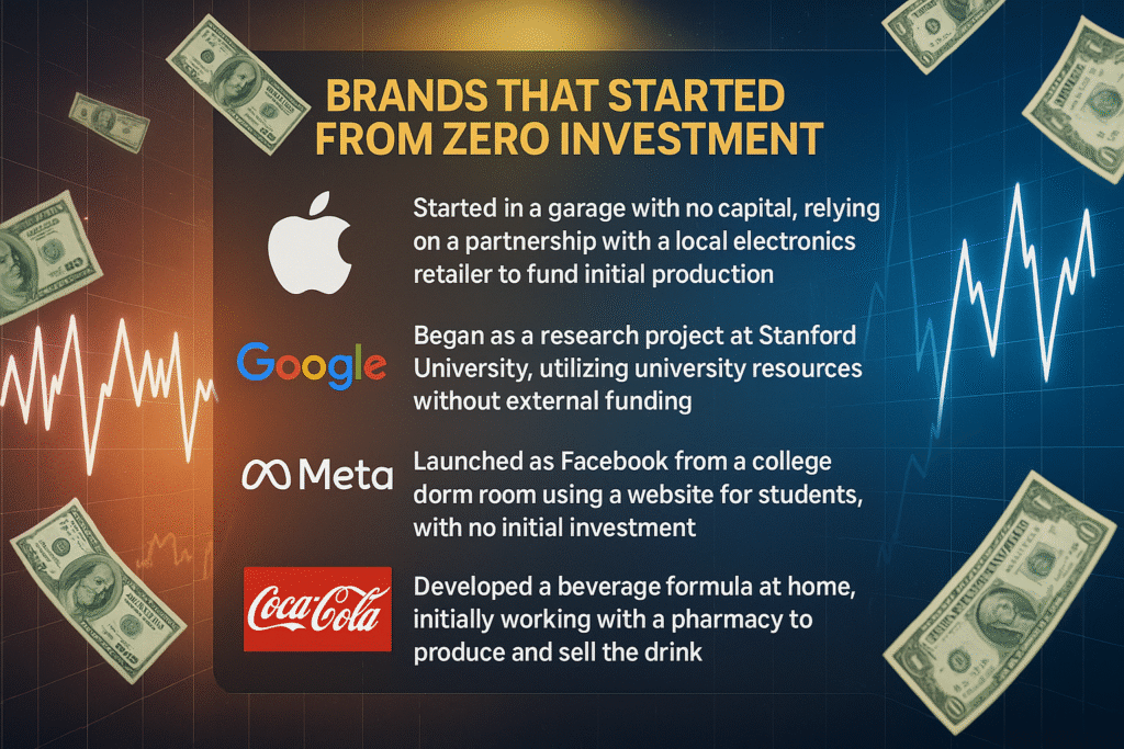 Image of logos for Apple, Google, Meta, and Coca-Cola with text "Brands That Started From Zero Investment," detailing their humble beginnings, surrounded by falling dollar bills and financial charts.
