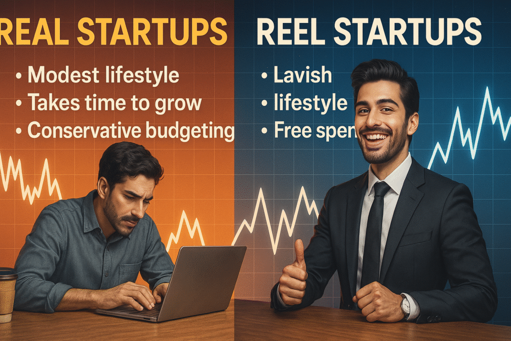 Image comparing "Real Startups" with a man working on a laptop and "Reel Startups" with a man in a suit giving a thumbs-up, highlighting modest lifestyle and conservative budgeting versus lavish lifestyle and free spending, with financial charts in the background.
