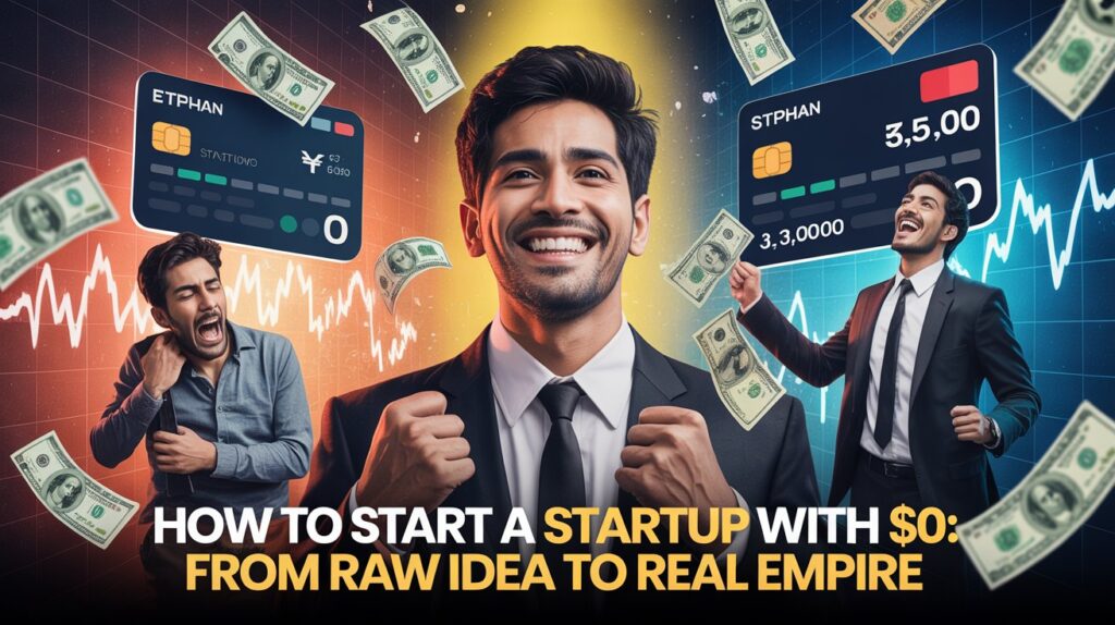 Image of a confident man in a suit with raised fists, surrounded by falling dollar bills and two credit cards, with text "How to Start a Startup with <img fetchpriority=