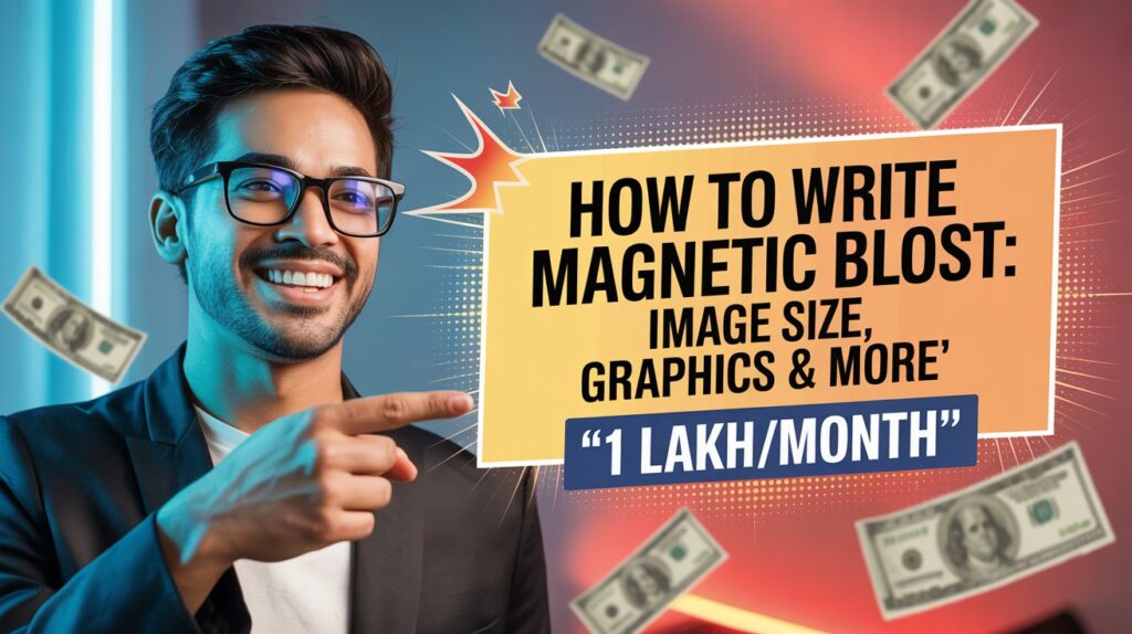 Confident person in a suit pointing at a zypa blog post titled "How to Write Magnetic Blog Post: Image Size, Graphics & More" with floating dollar bills and "1 Lakh/Month" text.