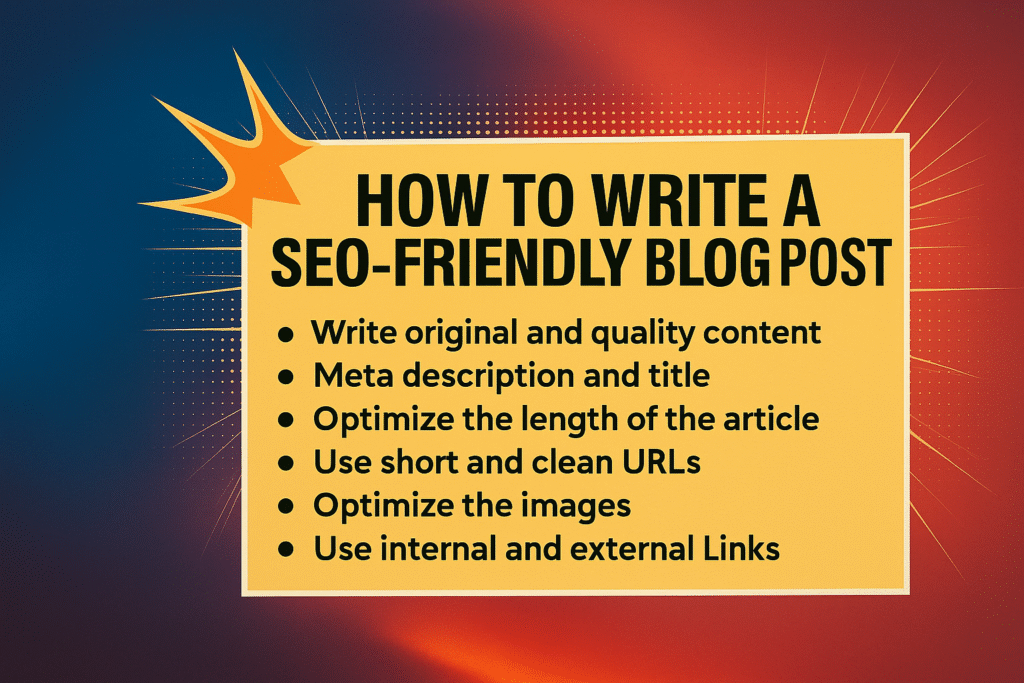 Infographic with tips for a zypa blog post titled "How to Write a SEO-Friendly Blog Post" including original content, meta description, article length, URLs, images, and links.