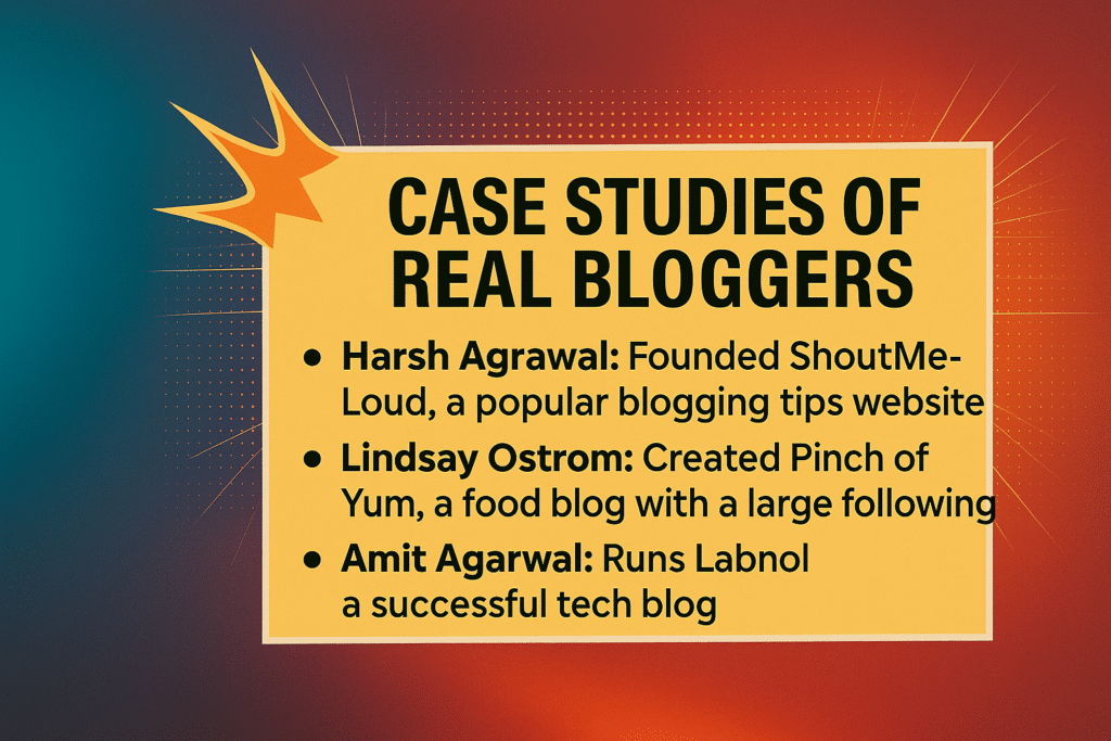 Infographic showcasing a zypa blog post titled "Case Studies of Real Bloggers" featuring Harsh Agrawal, Lindsay Ostrom, and Amit Agarwal with their successful blogging ventures.