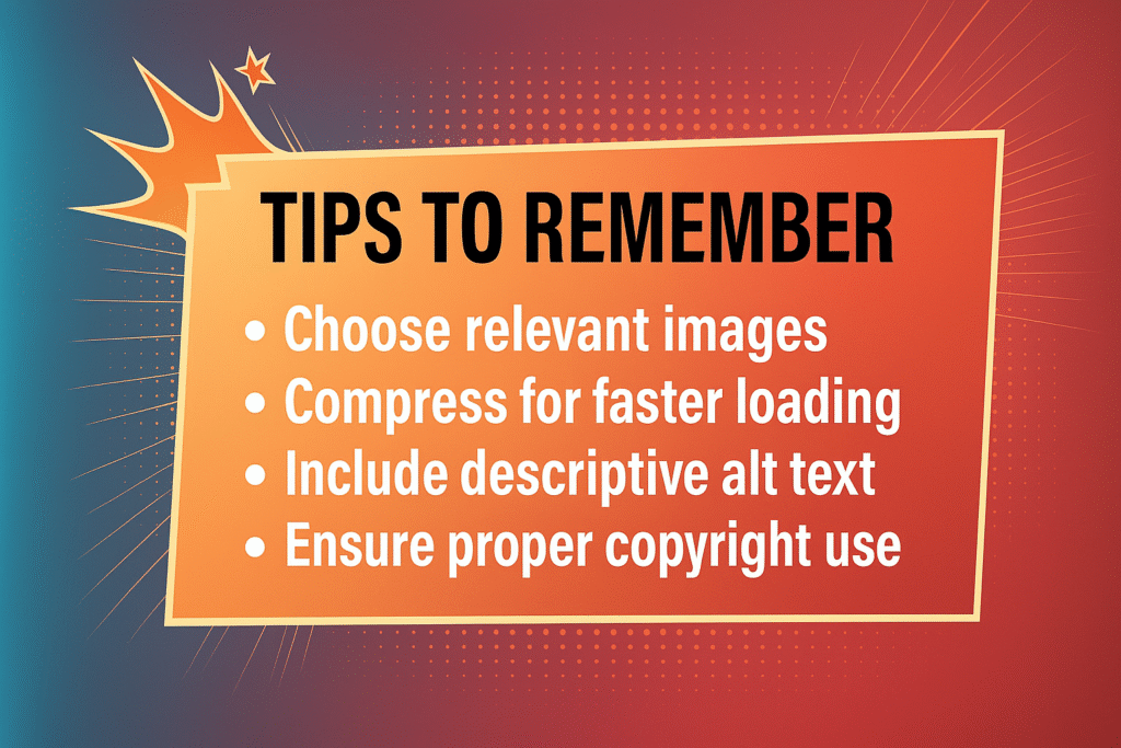 Infographic with tips for a zypa blog post titled "Tips to Remember" including choosing relevant images, compressing for loading, descriptive alt text, and proper copyright use.