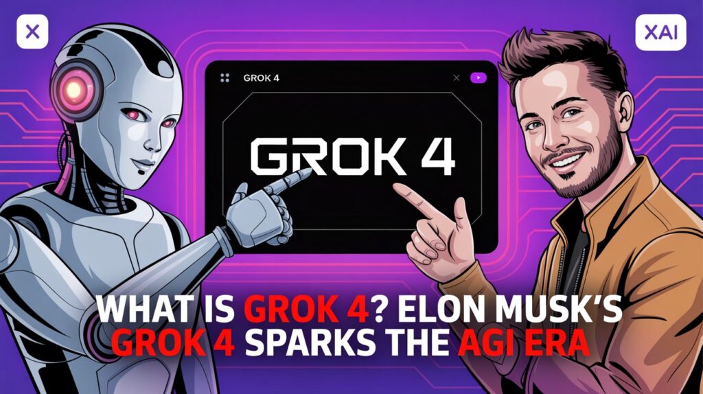 Illustration of a robot and a man pointing at a "Grok 4" screen on the Zypa website, with text "What is Grok 4? Elon Musk's Grok 4 Sparks the AGI Era" and xAI logo.