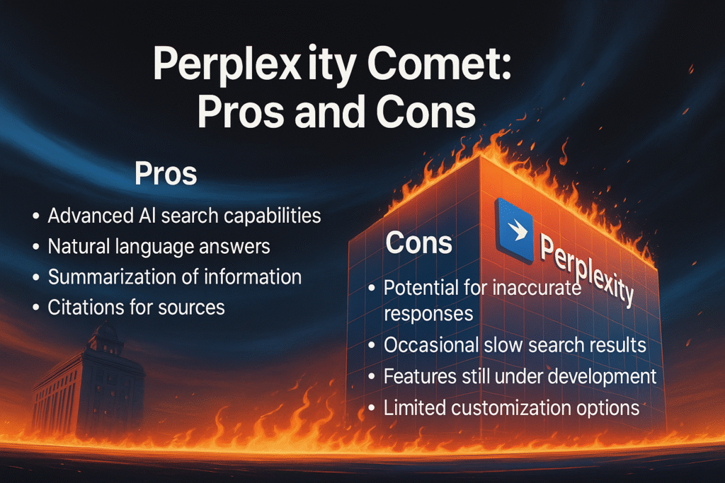A slide presenting the pros and cons of perplexity comet and zypa’s AI browser, with a fiery background and a "Perplexity" logo on a burning structure, highlighting advanced AI search and potential inaccuracies.