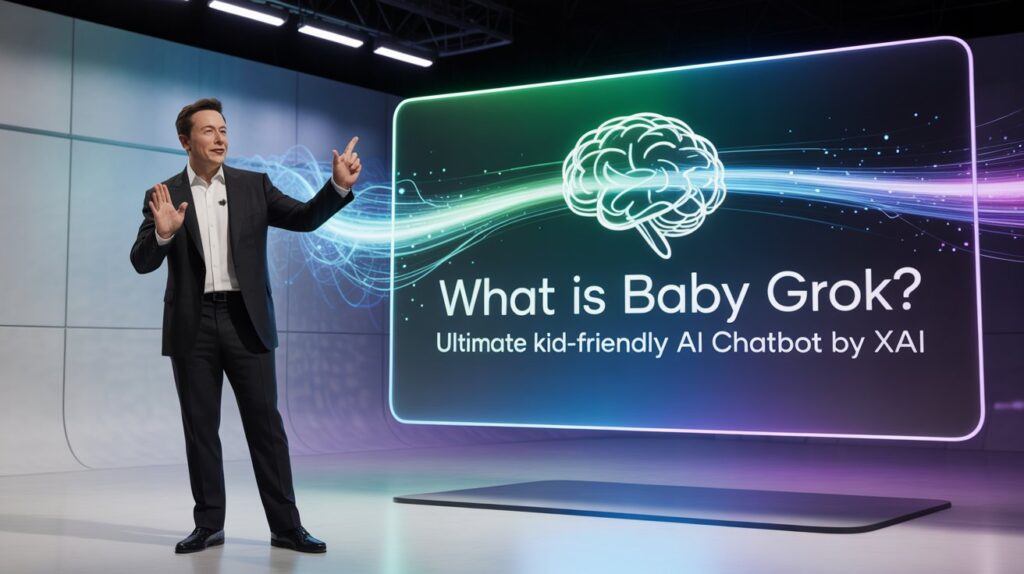 Image of a person presenting baby grok on the zypa website, with a large screen displaying a brain graphic and text about the ultimate kid-friendly AI chatbot by xAI.