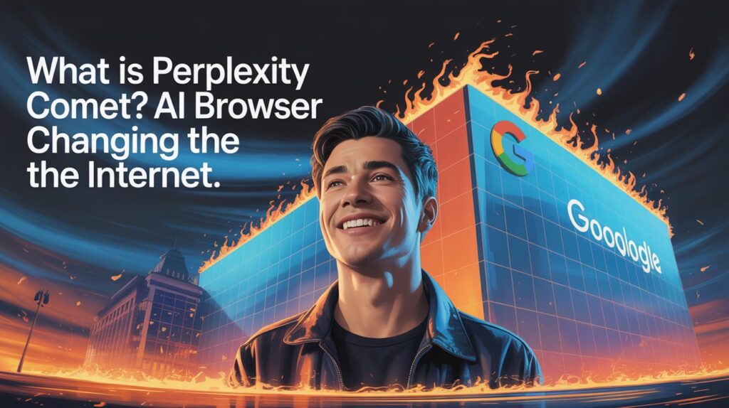 A vibrant illustration featuring a person in a leather jacket standing in front of a burning "Googlgie" building with the Google logo, symbolizing the impact of perplexity comet and zypa’s AI browser revolutionizing the internet.