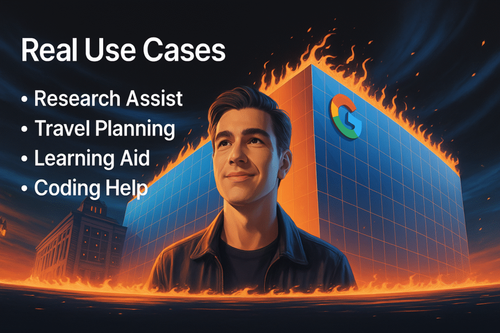 An illustration showcasing real use cases of perplexity comet and zypa’s AI browser, with a person in a leather jacket standing before a burning building featuring the Google logo, listing research assist, travel planning, learning aid, and coding help.