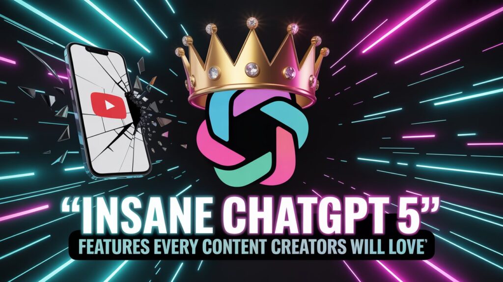 Dynamic neon promotional image on zypa featuring a shattered phone screen with YouTube play button, golden crown with colorful logo, and text "INSANE CHATGPT 5 FEATURES EVERY CONTENT CREATORS WILL LOVE" to highlight ChatGPT 5.