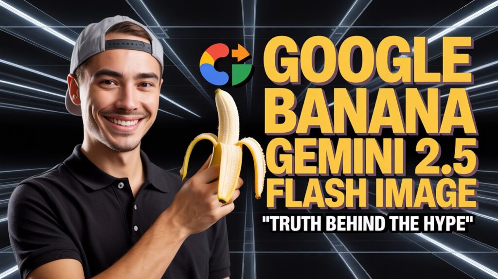 Promotional banner for Google Banana Gemini 2.5 Flash Image on zypa featuring google banana, with a smiling man holding a banana, Google logo, and text "Truth Behind The Hype" on a dark neon background.