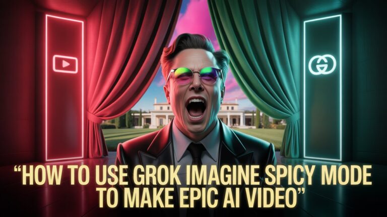 Vibrant promotional image on zypa featuring a person in a suit with neon sunglasses shouting, framed by red and green curtains with a YouTube play button and Gucci logo, promoting "How to Use Grok Imagine Spicy Mode to Make Epic AI Video" to Grok Imagine.