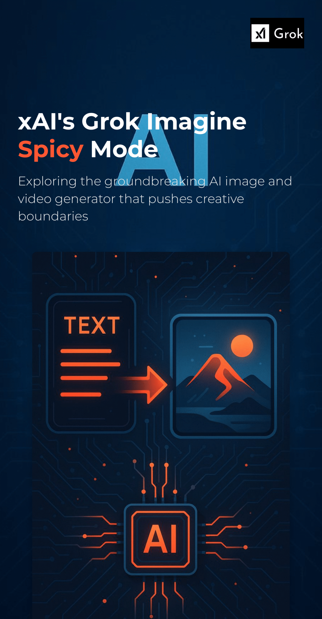 Infographic on zypa titled "xAI's Grok Imagine Spicy Mode AI" to Grok Imagine, showcasing a groundbreaking AI image and video generator that pushes creative boundaries, featuring text-to-image conversion and an AI circuit design, dated August 7, 2025.