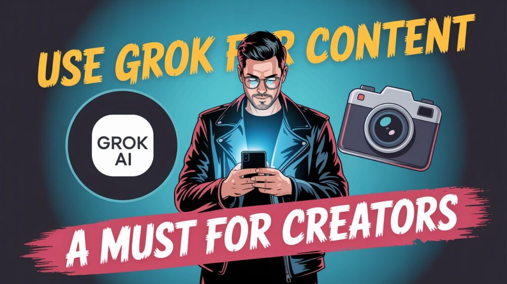 Vibrant promotional image on zypa featuring a stylish man in a leather jacket using a smartphone with the Grok AI logo, a floating camera icon, and bold text "USE GROK FOR CONTENT" and "A MUST FOR CREATORS" to promote Grok for content creators.
