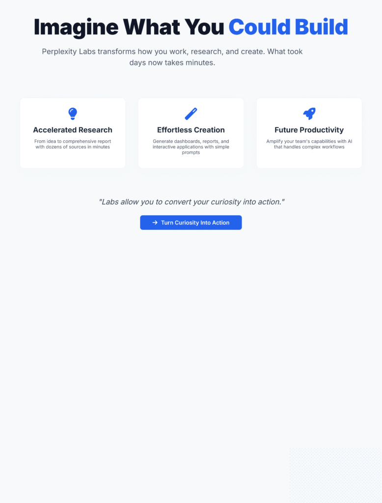 Perplexity Labs capability slide on Zypa, showcasing accelerated research, effortless creation, and future productivity features.