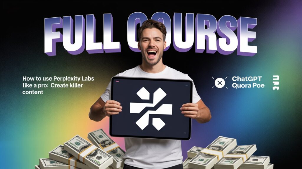 Perplexity Labs course promotional banner on Zypa, featuring a smiling man holding a tablet with Perplexity logo surrounded by stacks of money.