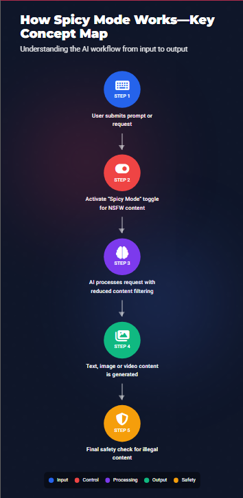 Flowchart illustrating Grok 3 Spicy NSFW Mode workflow in Zypa, from user prompt submission to AI processing and final safety check.