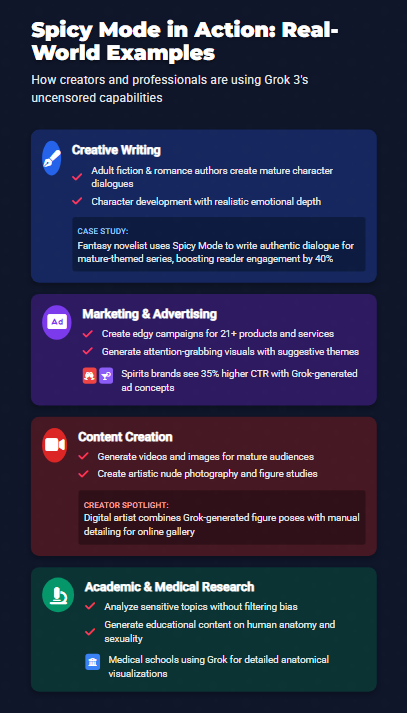 Infographic of Grok 3 Spicy NSFW Mode real-world uses with Zypa, highlighting creative writing, marketing, content creation, and academic research examples.