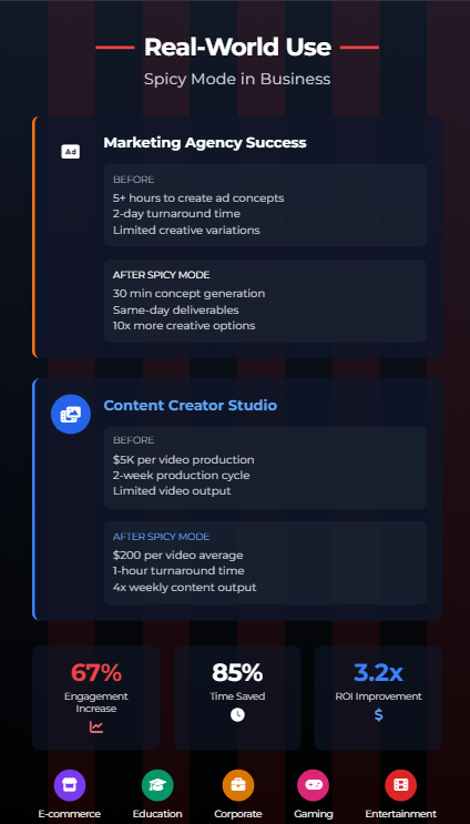 Infographic on Spicy Mode benefits in business using Grok Imagine Prompts by Zypa.