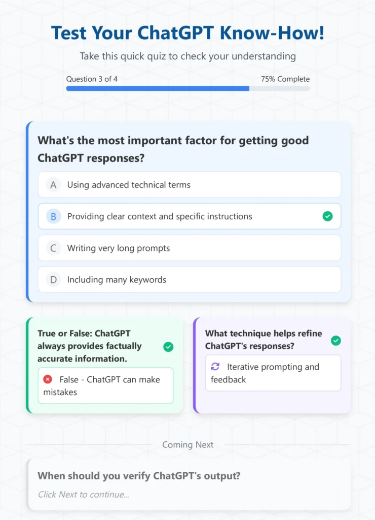 Zypa’s how to use ChatGPT quiz testing knowledge with questions on responses and refinement.