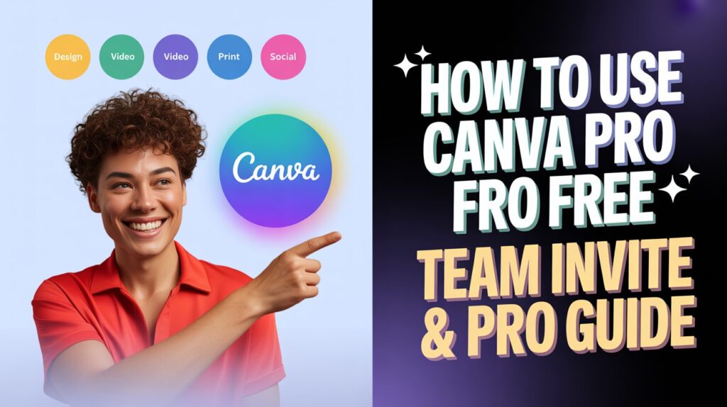 Energetic Canva Pro guide featuring Zypa team invite tips, with colorful design categories and a smiling expert pointing to free pro access.