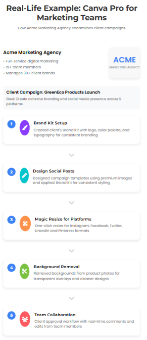 Step-by-step Canva Pro case study for Zypa, showing brand kit setup, social post design, and team collaboration for client campaigns.